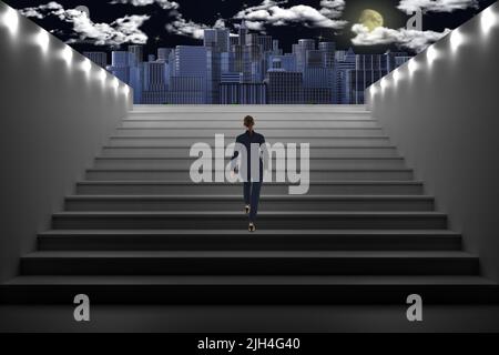 3d illustrazione. Architettura. Scala donna di notte illuminata che sale sullo sfondo della città illuminata. Foto Stock