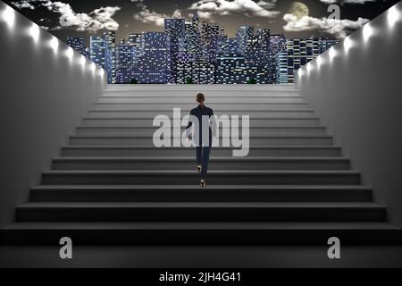 3d illustrazione. Architettura. Scala donna di notte illuminata che sale sullo sfondo della città illuminata. Foto Stock