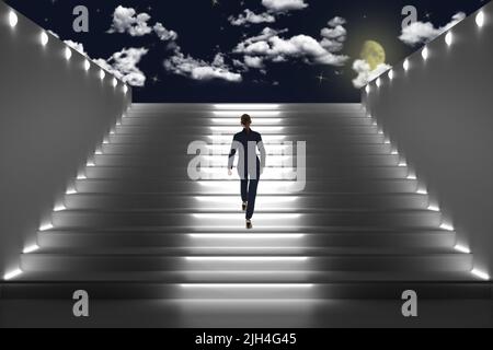3d illustrazione. Architettura. Scala donna di notte illuminata che sale sullo sfondo della città illuminata. Foto Stock