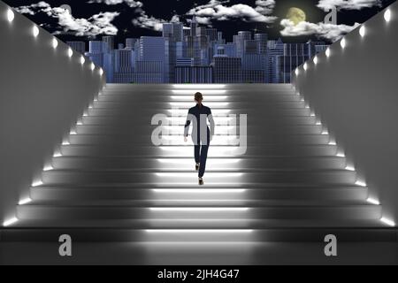 3d illustrazione. Architettura. Scala donna di notte illuminata che sale sullo sfondo della città illuminata. Foto Stock