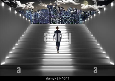 3d illustrazione. Architettura. Scala donna di notte illuminata che sale sullo sfondo della città illuminata. Foto Stock