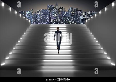 3d illustrazione. Architettura. Scala donna di notte illuminata che sale sullo sfondo della città illuminata. Foto Stock