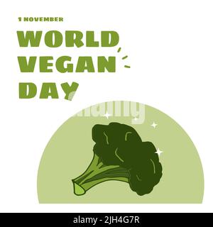 Immagine illustrativa di broccoli e novembre con testo del giorno vegano mondiale su sfondo bianco Foto Stock