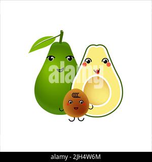 Caratteri avocado su sfondo bianco. Divertente simpatico sorridente coppia di avocado con bambino. Illustrazione vettoriale. Illustrazione Vettoriale