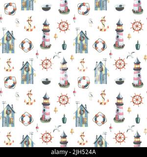 Faro con un rifugio da pesca, volante, ancora e gabbiani. Illustrazione dell'acquerello. Motivo senza cuciture su sfondo bianco in una nautica Foto Stock