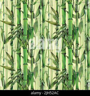 Steli di bambù verde, foglie, ramoscelli. Illustrazione acquerello in stile orientale, asiatico. Pattern senza cuciture su sfondo chiaro. Per carta da parati, tessuto Foto Stock