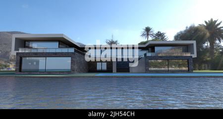 Lussuosa villa high-tech sulla riva di un lago di montagna. Ampie terrazze, piscina d'acqua blu e tetto piatto. 3d rendering. Foto Stock