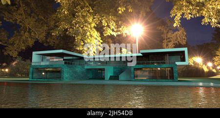 Splendida casa fiabesca in piscine di luce turchese sulla riva del lago. 3d rendering. Foto Stock