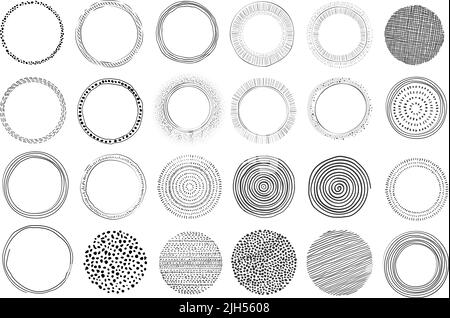 grande collezione di elementi grafici circolari disegnati a mano, forme moderne isolate su bianco, illustrazione vettoriale Illustrazione Vettoriale