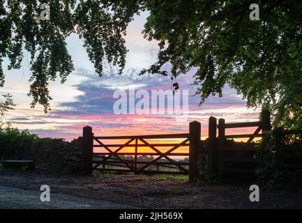 Silhouette cancelli fattoria all'alba in una mattinata d'estate nella campagna inglese. Bourton sulla collina, Cotswolds, Oxfordshire, Inghilterra Foto Stock