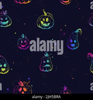 Cute motivo senza cuciture di Halloween disegnato a mano con zucche, ideale per tessuti, superfici, striscioni, sfondi Illustrazione Vettoriale