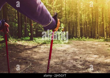 Vista posteriore della donna con zaino e bastoni da trekking. Nordic walking. Ed escursioni. Natura autunno intorno e percorso in avanti. Concetto di viaggio. Foto Stock