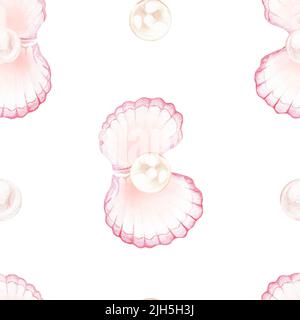 Conchiglia con perle. Ripetizione senza giunture. Illustrazione dell'acquerello. Isolato su sfondo bianco. Per i vostri adesivi di disegno, vestiti, carta da imballaggio. Foto Stock