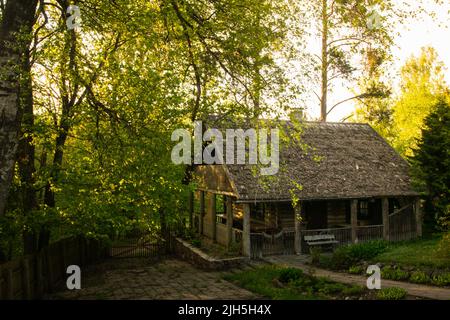 Vecchia casa sauna vintage in legno all'aperto senza persone in verde natura campagna all'aperto Foto Stock