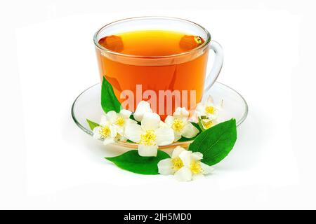 Tazza di tè verde con fiori di gelsomino isolati su sfondo bianco. Foto Stock