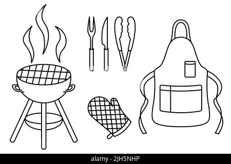 Un set di attrezzi e tute per cucinare barbecue. Schizzo. Illustrazione vettoriale. Colorazione. Contorno su sfondo isolato. Stile Doodle. Illustrazione Vettoriale