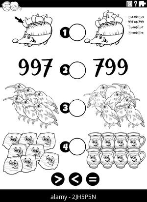 Cartoni animati in bianco e nero illustrazione di un gioco di puzzle matematico educativo di maggiore, minore o uguale a per i bambini con oggetti e anim Illustrazione Vettoriale