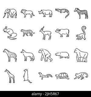 Icone delle linee di colore degli animali africani impostate. Pittogrammi per pagina Web, app mobile, promo. Elemento di progettazione GUI UI UX. Tratto modificabile. Illustrazione Vettoriale