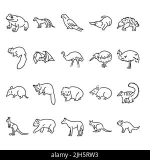 Set di icone delle linee di colore per gli animali australiani. Pittogrammi per pagina Web, app mobile, promo. Elemento di progettazione GUI UI UX. Tratto modificabile. Illustrazione Vettoriale