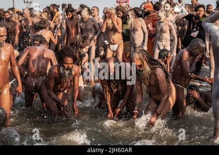 Naga Sadhus (uomini santi indiani) che si bagna nelle acque sacre al Sangam nel giorno più promettente del Festival di Kumbh Mela ad Allahabad, India. Foto Stock