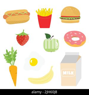 Menù di cibi colorati con pane, uova e frutta con verdure. Pranzo e colazione con hamburger e potatoe francese Illustrazione Vettoriale