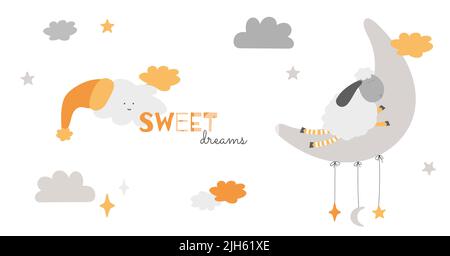 Sogni dolci pecore che dormono sulla luna illustrazione vettoriale con nuvole per i bambini cartoline e decorazione. Felice napping agnello disegni cartoni animati Illustrazione Vettoriale