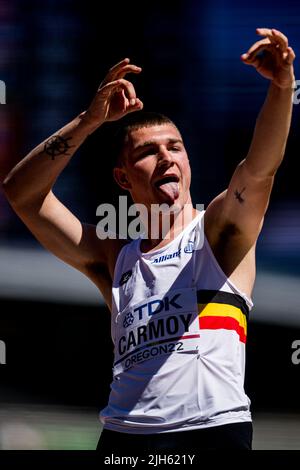 Oregon, Stati Uniti. 15th luglio 2022. Il belga Thomas Carmoy festeggia durante le qualifiche per l'evento maschile di salto in alto in occasione del campionato mondiale di atletica IAAF 19th di Eugene, Oregon, USA, venerdì 15 luglio 2022. I Mondi si svolgono dal 15 al 24 luglio, dopo essere stati rinviati nel 2021 a causa della pandemia del virus corona in corso. FOTO DI BELGA JASPER JACOBS Credit: Belga News Agency/Alamy Live News Foto Stock