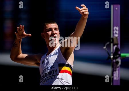 Oregon, Stati Uniti. 15th luglio 2022. Il belga Thomas Carmoy festeggia durante le qualifiche per l'evento maschile di salto in alto in occasione del campionato mondiale di atletica IAAF 19th di Eugene, Oregon, USA, venerdì 15 luglio 2022. I Mondi si svolgono dal 15 al 24 luglio, dopo essere stati rinviati nel 2021 a causa della pandemia del virus corona in corso. FOTO DI BELGA JASPER JACOBS Credit: Belga News Agency/Alamy Live News Foto Stock