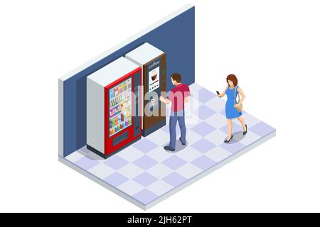 Le macchine da caffè isometriche self-service offrono caffè di qualità costante. Distributore automatico di caffè al supermercato. Illustrazione Vettoriale