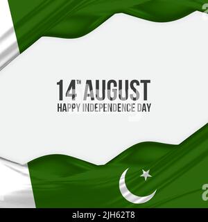 14th agosto Happy Independence Day Pakistan saluto design. Bandiera pakistana ondulata in raso o tessuto di seta. Illustrazione vettoriale. Illustrazione Vettoriale