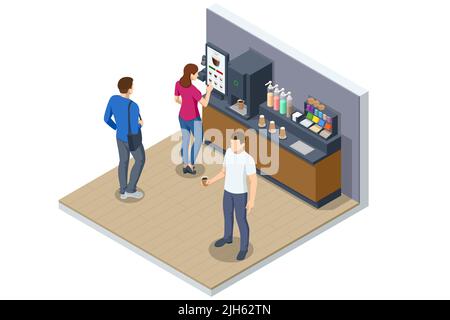 Le macchine da caffè isometriche self-service offrono caffè di qualità costante. Distributore automatico di caffè al supermercato. Illustrazione Vettoriale