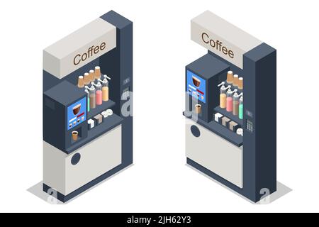 Le macchine da caffè isometriche self-service offrono caffè di qualità costante. Distributore automatico di caffè al supermercato. Macchina per il caffè self-service Illustrazione Vettoriale