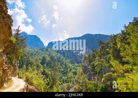 Canyon Goynuk ad Antalya in Turchia. Una vista sul canyon con una strada e colline coperte di foresta. Viaggio ad Antalya foto di sfondo. Foto Stock