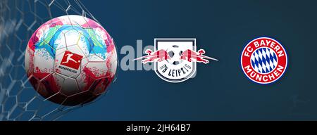 Guilherand-Granges, Francia - 15 luglio 2022. Bundesliga di Germania. Pallone da calcio in rete con logo ufficiale della Bundesliga. Partita RB Leipzig vs FC Bay Foto Stock