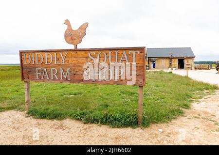 Cartello in legno con la silhouette del pollo presso la Diddly Squat Farm, nella campagna rurale Foto Stock