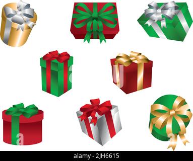 Un set di vettore illustrato Natale scatole regalo con nastri e archi. Illustrazione Vettoriale