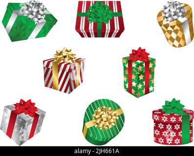 Un set di illustrazioni vettoriali di scatole regalo a motivi natalizi con archi e nastri. Illustrazione Vettoriale