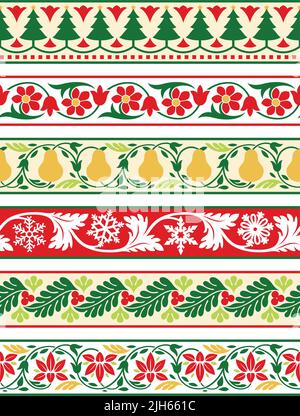 Un insieme di bordi e motivi floreali decorativi vettoriali di Natale. Illustrazione Vettoriale