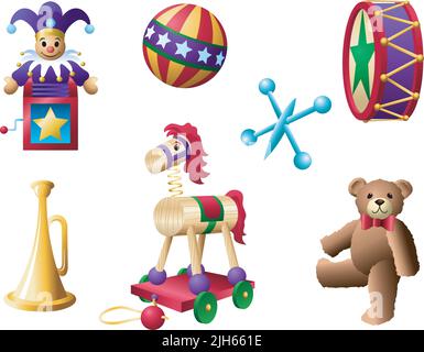 Un set di illustrazioni vettoriali di giocattoli classici di Natale. Illustrazione Vettoriale