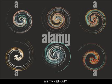 Splendidi elementi a spirale su sfondo nero per i tuoi progetti. Forme creative a vortice per stampe, tessuti, tessuti, tendenze moda, emblemi, coperchi Foto Stock