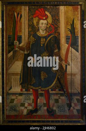 San Sebastiano. Scuola Catalana. Rappresentazione medievale del santo da parte di un membro del cerchio di Jaume Huguet. Tempera e olio a bordo, seconda metà del 15th secolo. Museo El Greco. Toledo, Spagna. Foto Stock