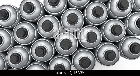 Set di lattine di vernice spray in fila su sfondo bianco. Flacone spray e dispenser Foto Stock