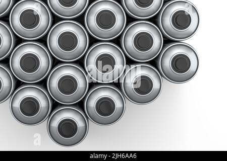 Set di lattine di vernice spray in fila su sfondo bianco. Flacone spray e dispenser Foto Stock
