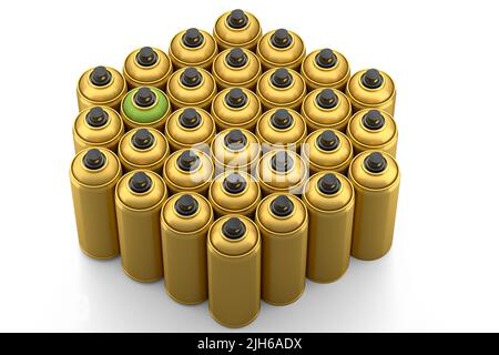 Set di lattine di vernice spray in fila su sfondo bianco. Flacone spray e dispenser Foto Stock
