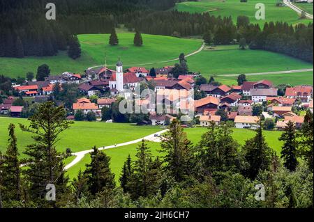 Vista del villaggio, Zell vicino Pfronten, Allgaeu, Baviera, Germania Foto Stock