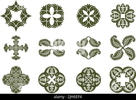 Una serie di icone vettoriali decorative floreali damasche. Illustrazione Vettoriale