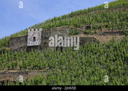 Meridiana a Zeltingen-Rachtig nella regione viticola della Mosella, Rachtig, Mosella media, Renania-Palatinato, Germania Foto Stock