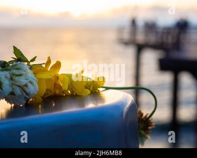 Una corona di fiori in primo piano sullo sfondo del sole che tramonta. Bella stagcape. Fiori abbandonati. Pianta Foto Stock