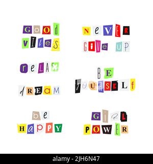 Imposta collage lettere di taglio mgazina disegnate a mano. Messaggio anonimo, preventivo motivazione per poster, biglietto d'auguri banner Illustrazione Vettoriale