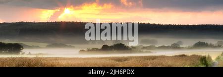 Vista orizzontale della nebbia sul campo remoto con spazio di copia al tramonto. Nebbia che copre una vasta distesa di prato di campagna in Germania all'alba. Fumo da Foto Stock